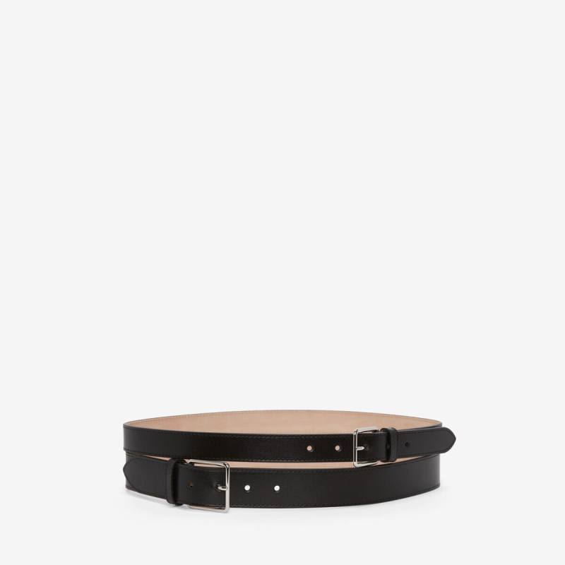 Alexander McQueen Women's Black Thin Double Belt - 60 (Calf Leather)